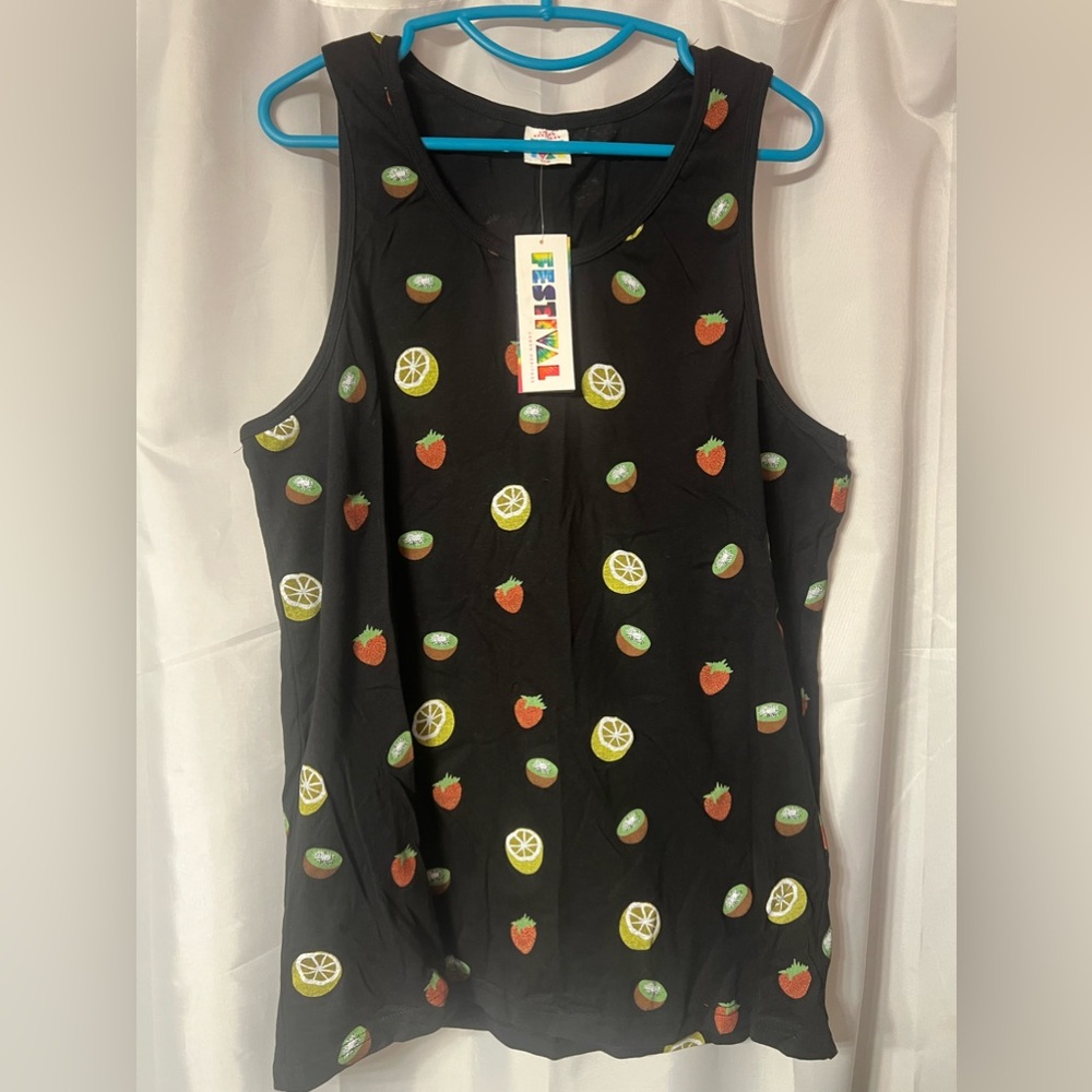 Men’s Festival tank top. Black with fun fruit pattern. Size large. NWT